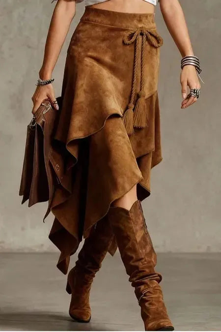 Brown Mid Rise Asymmetric Skirt
