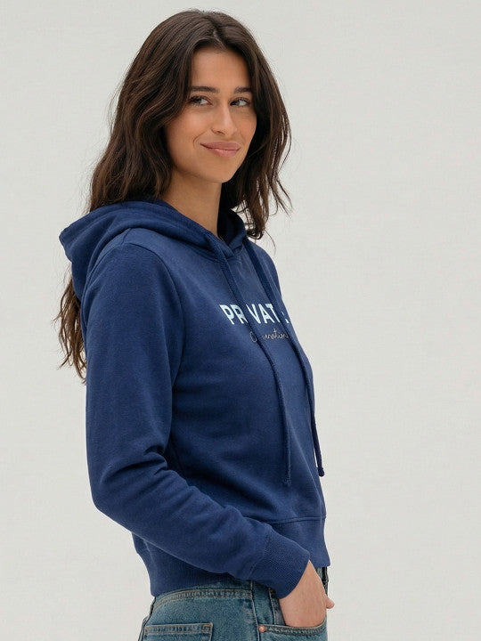 Women Navy Blue Printed Hooded Sweatshirt