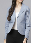 Women Blue Pure Cotton Blazer With Shawl Collar