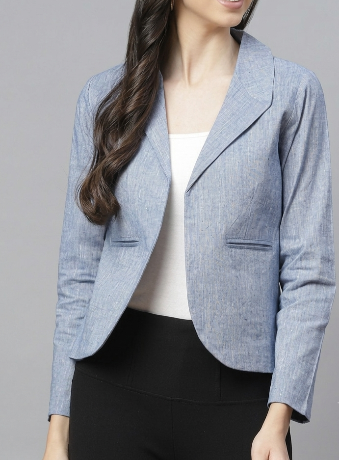 Women Blue Pure Cotton Blazer With Shawl Collar