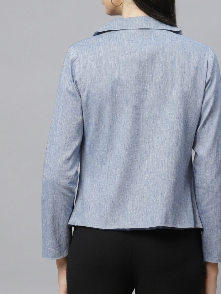 Women Blue Pure Cotton Blazer With Shawl Collar
