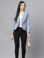 Women Blue Pure Cotton Blazer With Shawl Collar