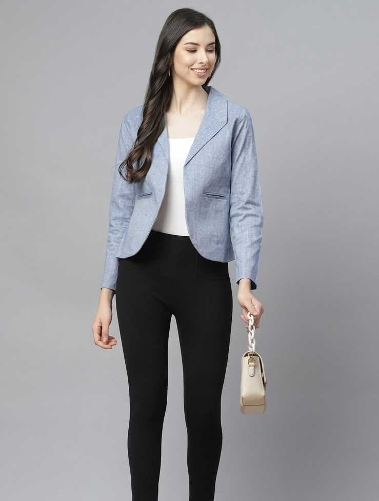 Women Blue Pure Cotton Blazer With Shawl Collar