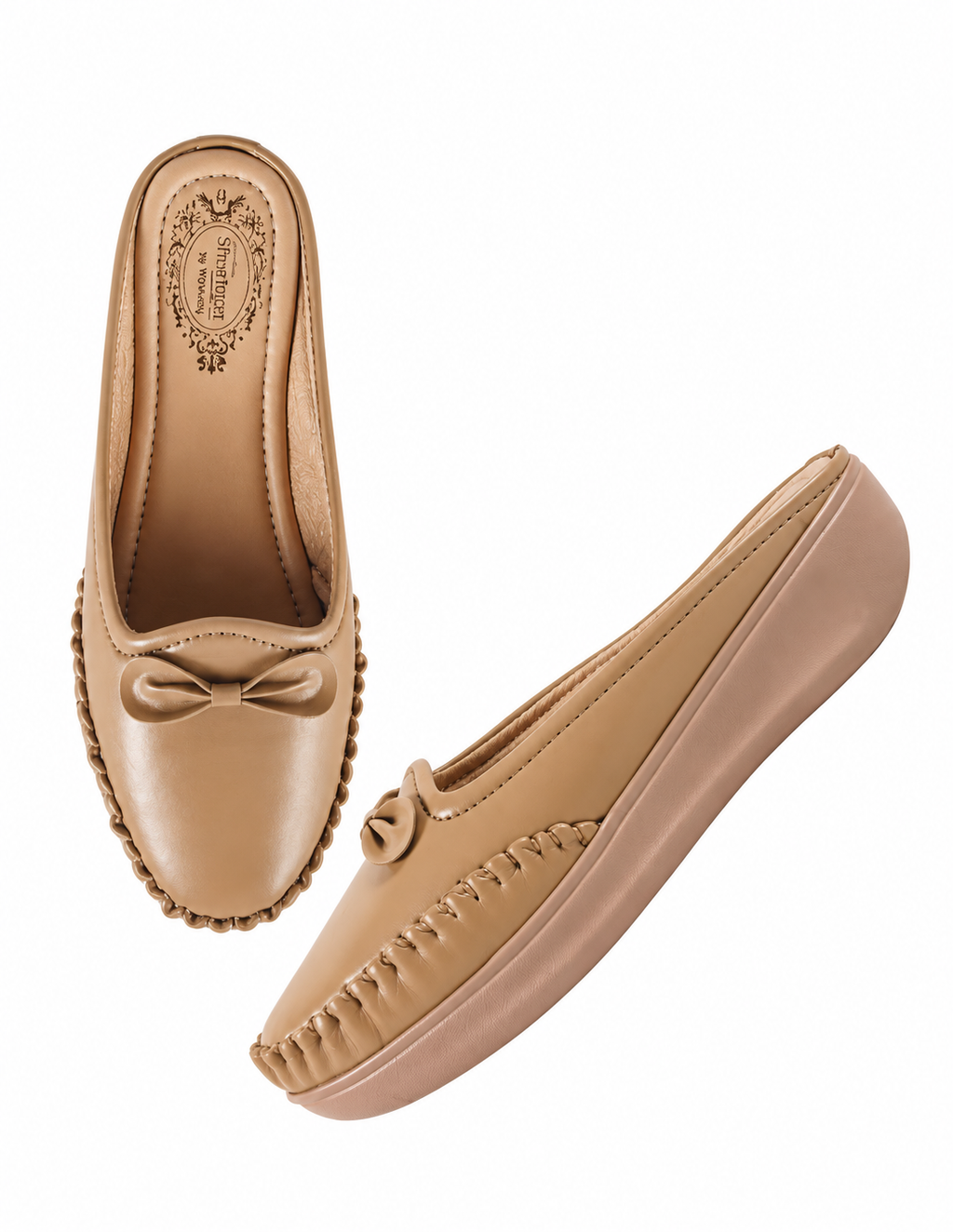 Women Beige Solid Round Toe Slip-On Casual Mules