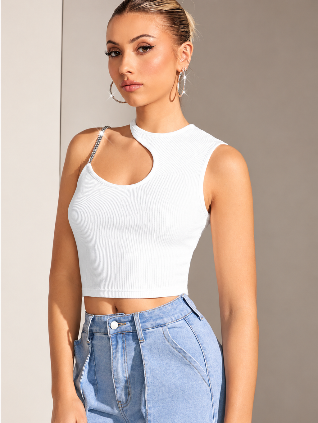 Rhinestone-Strap Cutout Crop Top