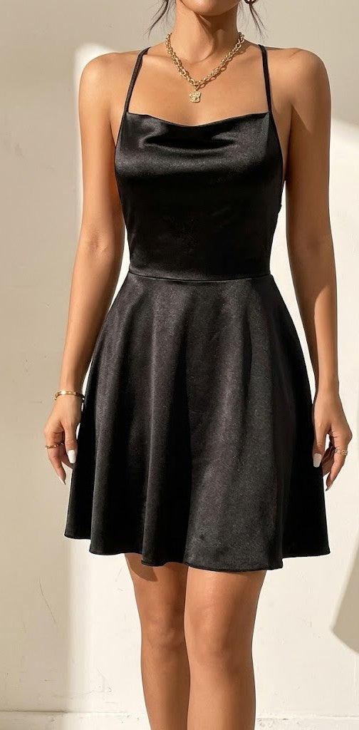 Women Cowl Neck Satin Fit & Flare Mini Dress