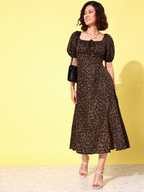 Animal Print Tie-Up Neck Puff Sleeve Crepe A-Line Midi Dress