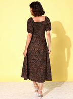 Animal Print Tie-Up Neck Puff Sleeve Crepe A-Line Midi Dress