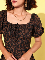 Animal Print Tie-Up Neck Puff Sleeve Crepe A-Line Midi Dress