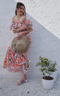 Orange Floral Printed Halter Neck Tiered Gathered Crepe Maxi Midi Dress