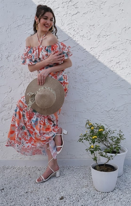 Orange Floral Printed Halter Neck Tiered Gathered Crepe Maxi Midi Dress
