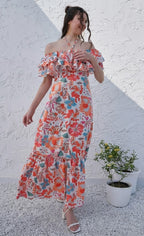 Orange Floral Printed Halter Neck Tiered Gathered Crepe Maxi Midi Dress