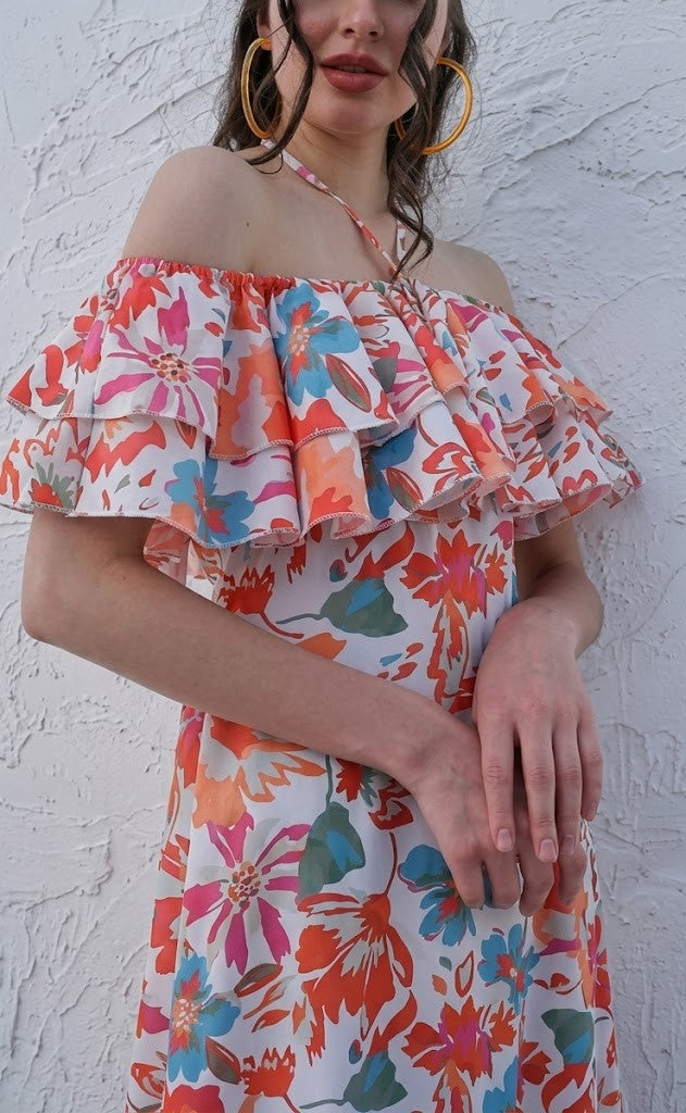 Orange Floral Printed Halter Neck Tiered Gathered Crepe Maxi Midi Dress