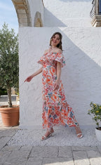 Orange Floral Printed Halter Neck Tiered Gathered Crepe Maxi Midi Dress