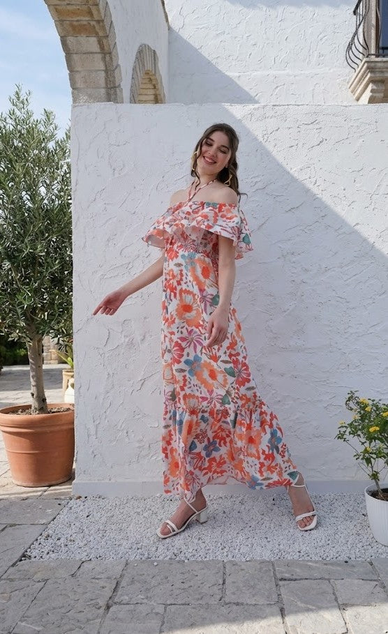 Orange Floral Printed Halter Neck Tiered Gathered Crepe Maxi Midi Dress