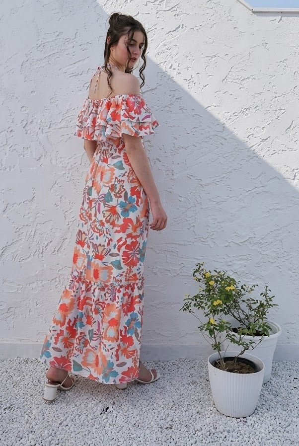 Orange Floral Printed Halter Neck Tiered Gathered Crepe Maxi Midi Dress