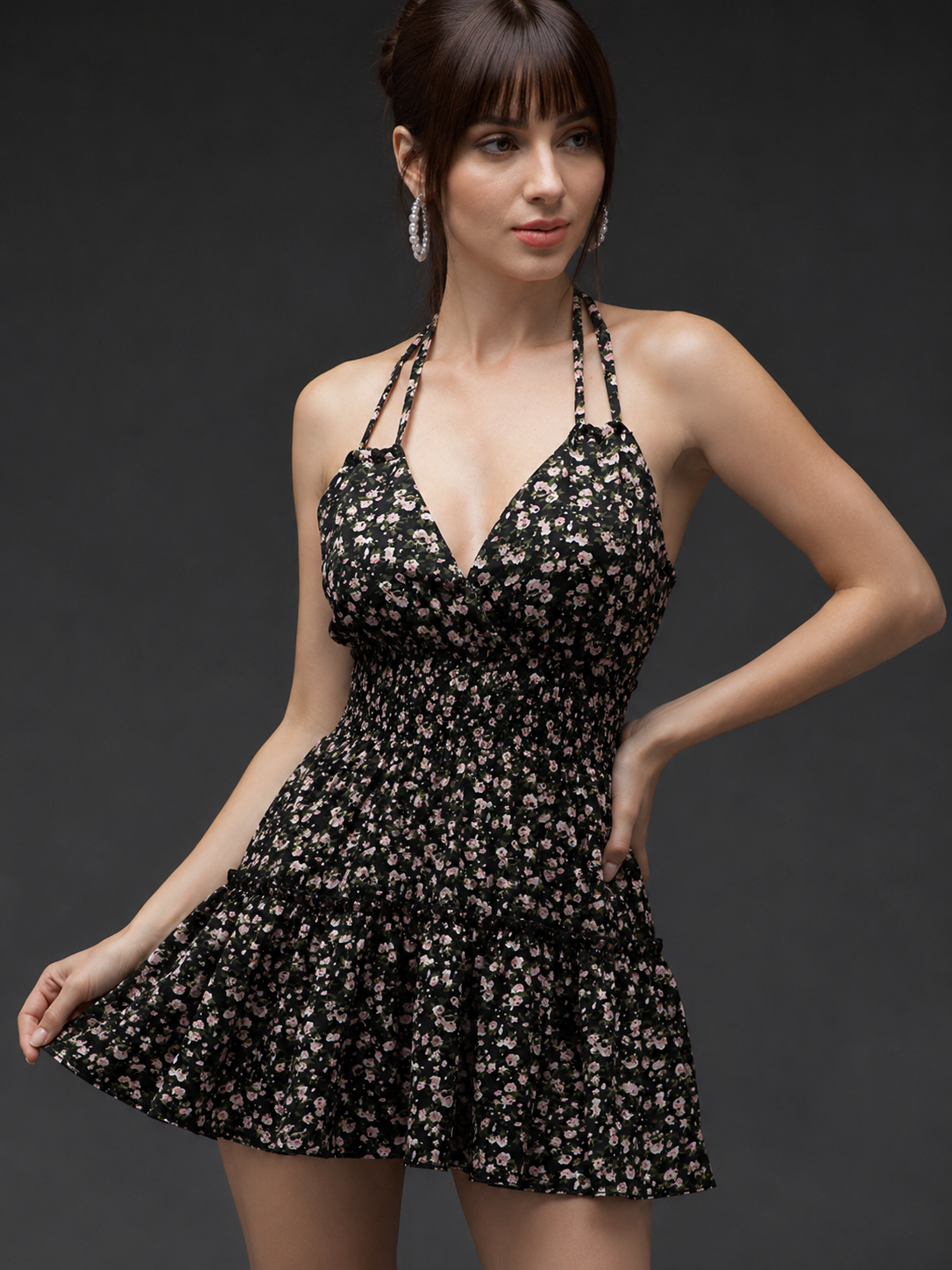 Floral Printed Halter Neck Crepe Fit & Flare Mini Dress