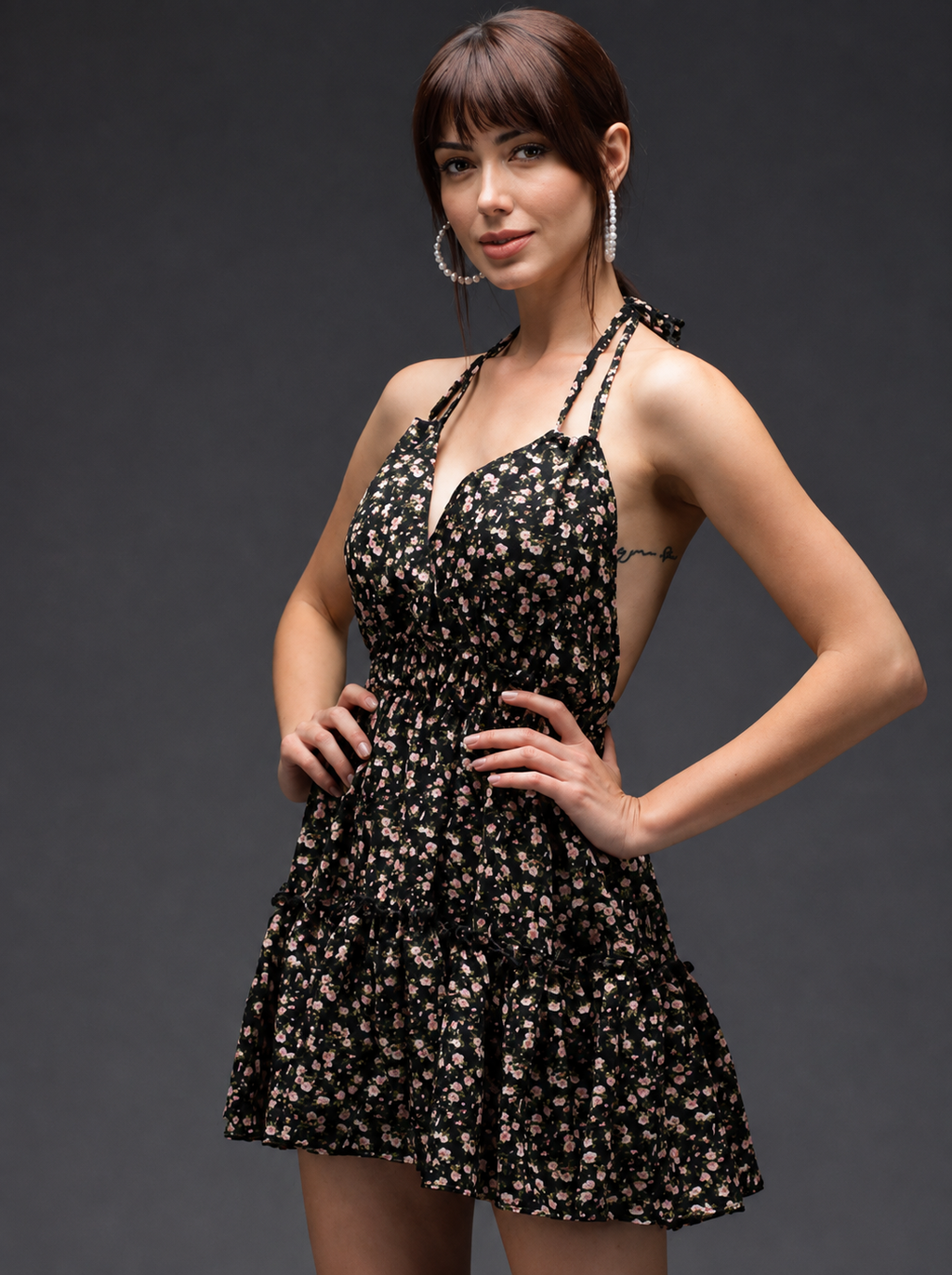 Floral Printed Halter Neck Crepe Fit & Flare Mini Dress
