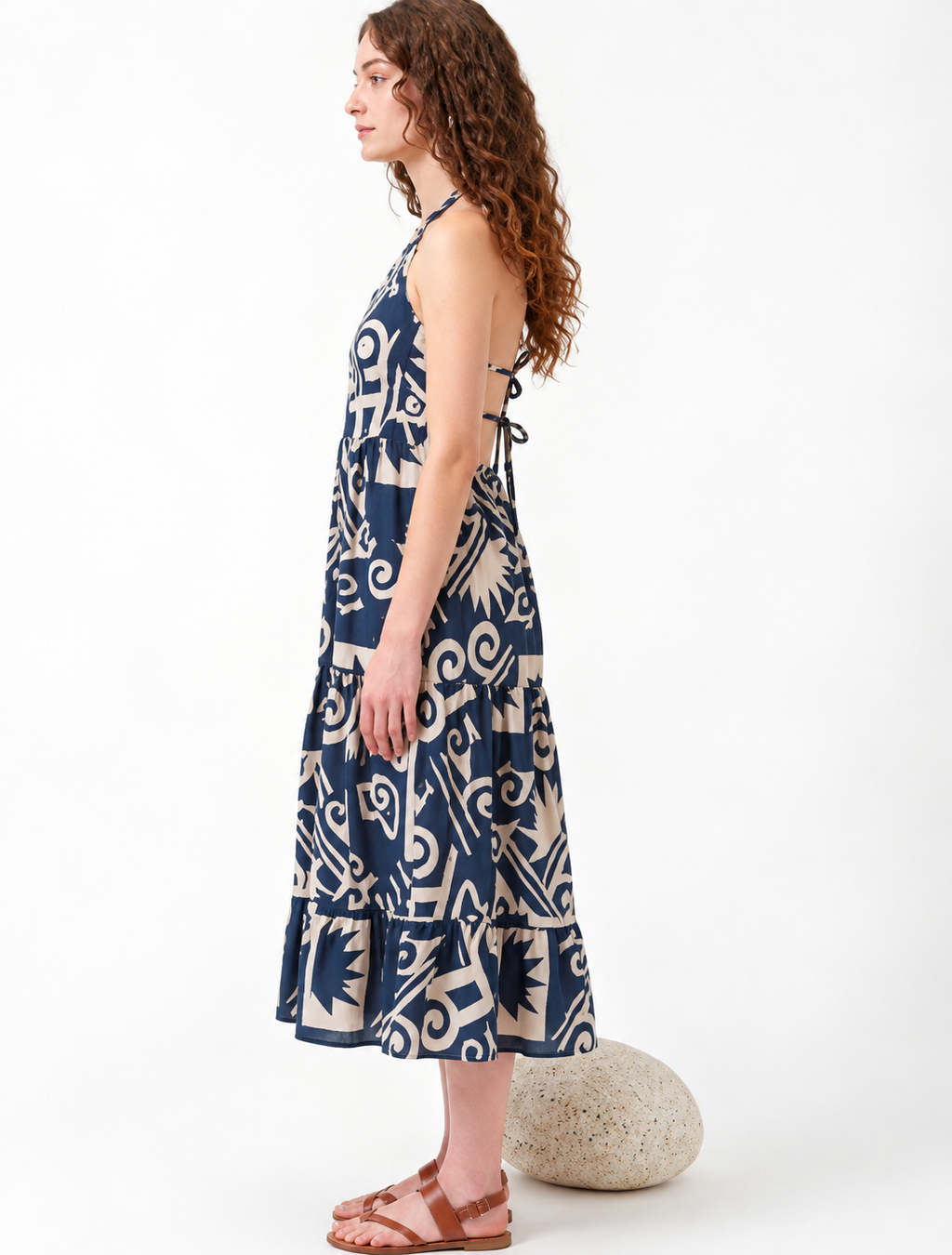 Print Halter Neck Linen Fit & Flare Midi Dress