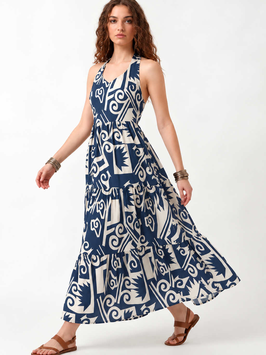 Print Halter Neck Linen Fit & Flare Midi Dress