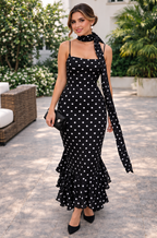 Sakura Polka Maxi Dress with Scarf Black