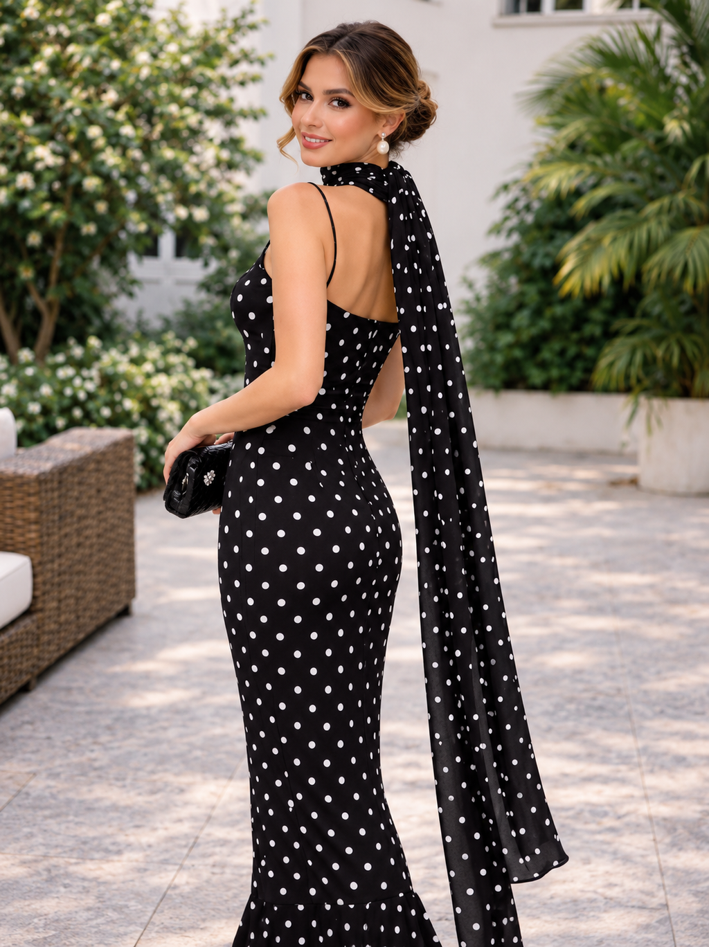 Sakura Polka Maxi Dress with Scarf Black