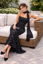 Sakura Polka Maxi Dress with Scarf Black