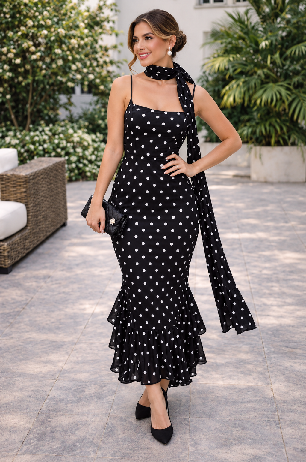 Sakura Polka Maxi Dress with Scarf Black