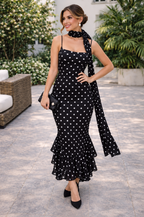 Sakura Polka Maxi Dress with Scarf Black
