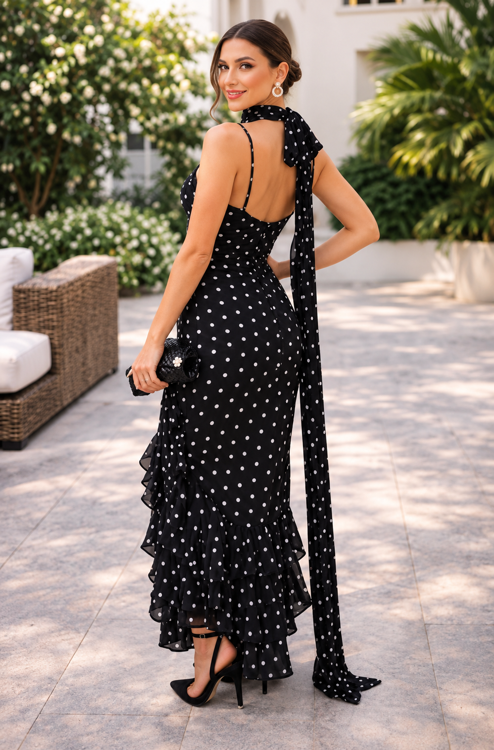 Sakura Polka Maxi Dress with Scarf Black