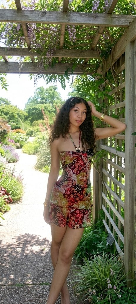 Red and Yellow Floral Halter Neck Mini Dress