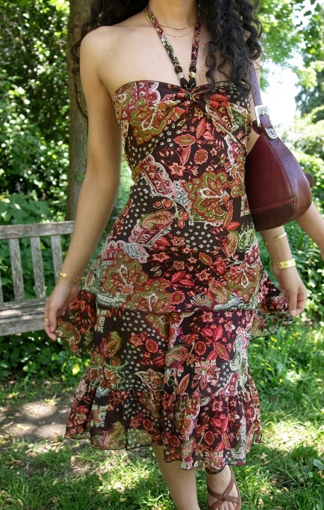 Red and Yellow Floral Halter Neck Mini Dress