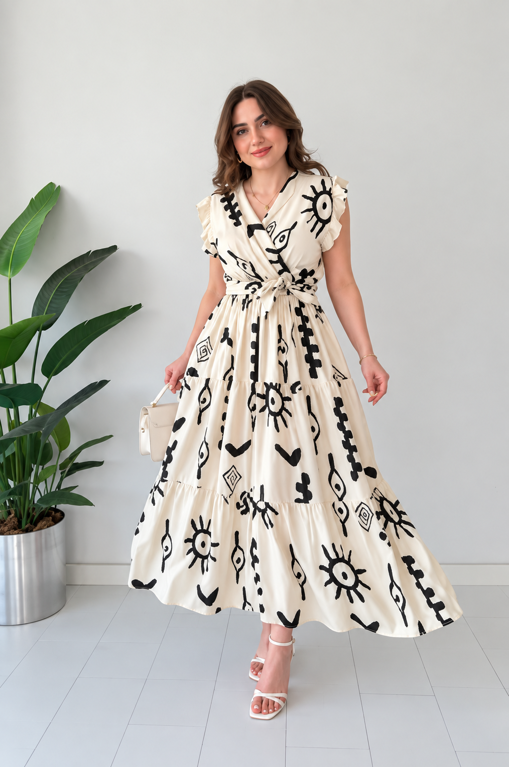 Womens Graphic White Dress with Belt