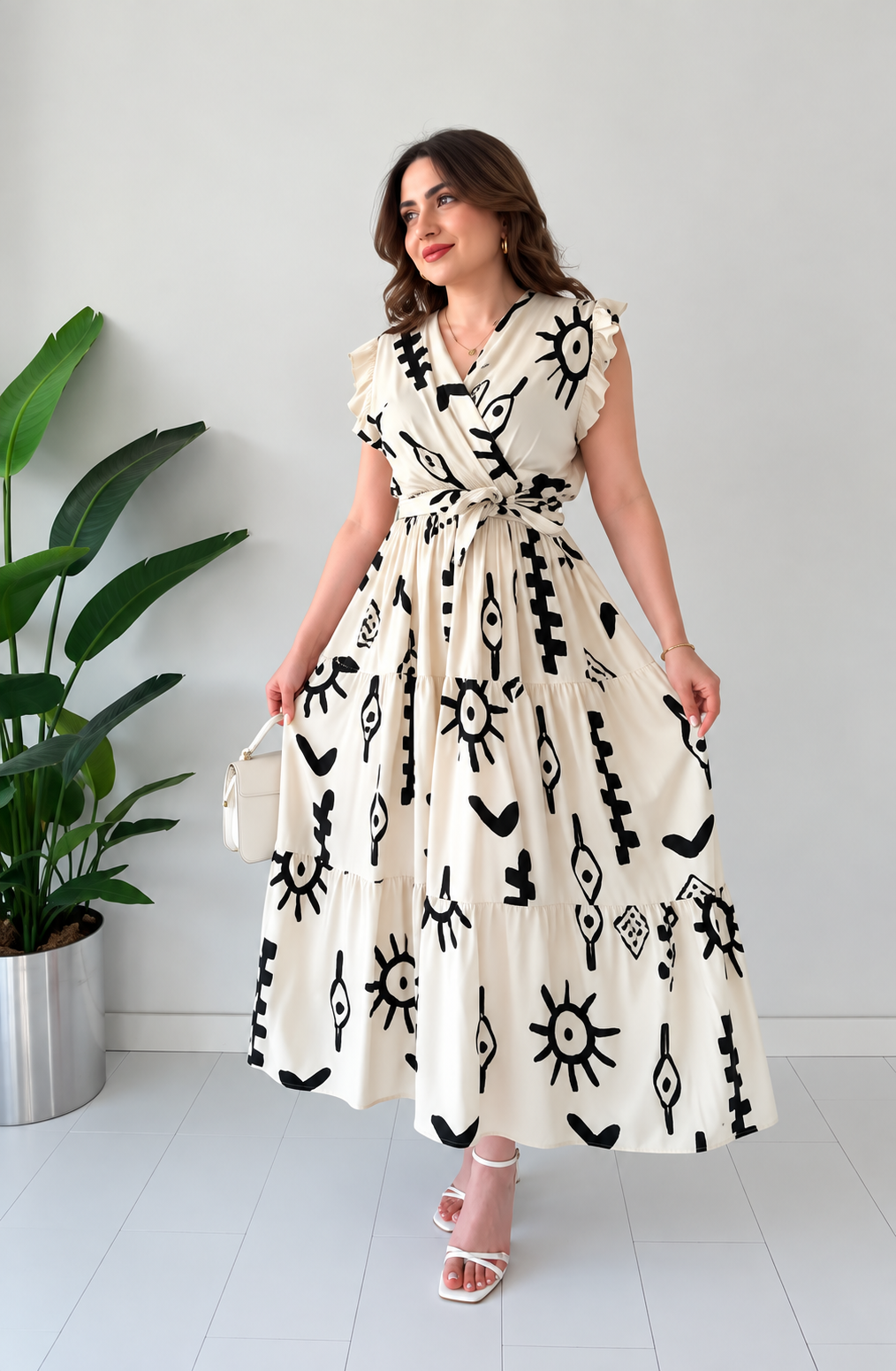Womens Graphic White Dress with Belt