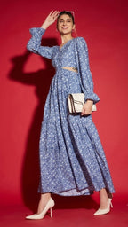 Blue Floral Printed Cut-Out Crepe Maxi Dress