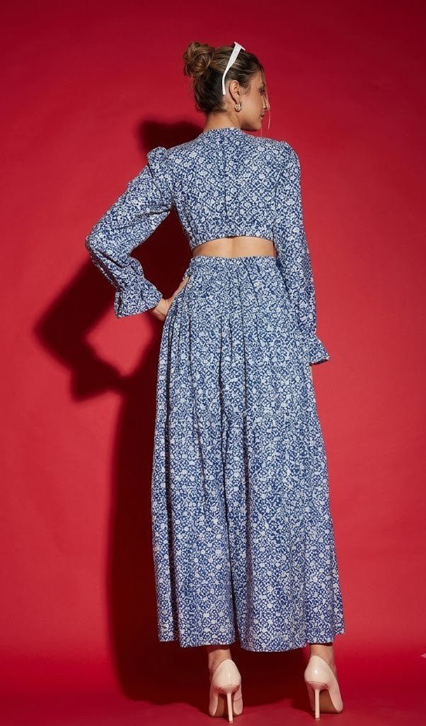 Blue Floral Printed Cut-Out Crepe Maxi Dress