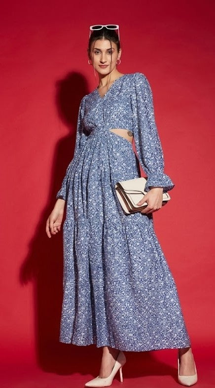 Blue Floral Printed Cut-Out Crepe Maxi Dress