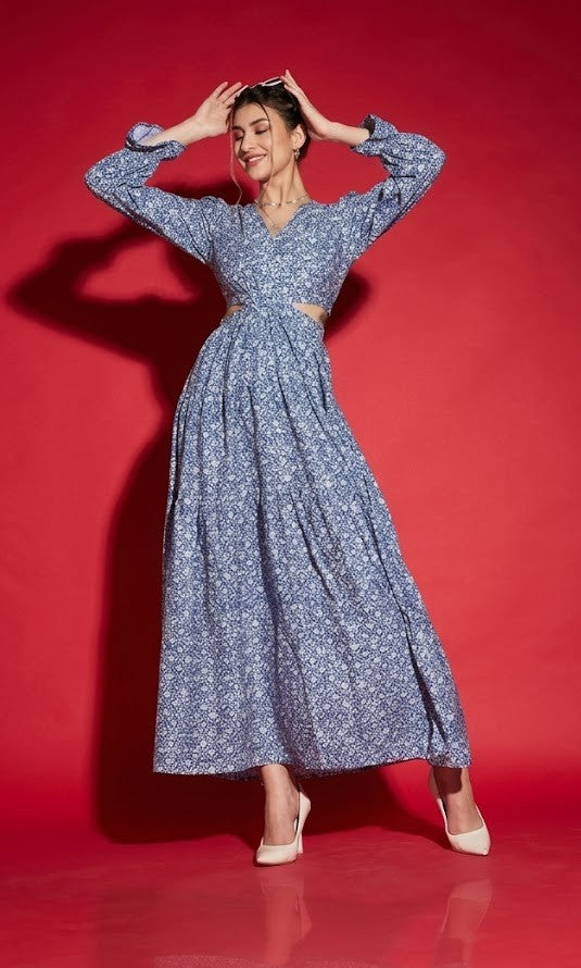 Blue Floral Printed Cut-Out Crepe Maxi Dress