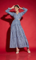 Blue Floral Printed Cut-Out Crepe Maxi Dress