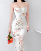 White Floral Printed Shoulder Strapped Ruched Sheath Midi Dress