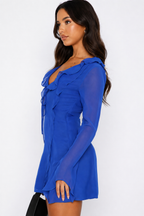 Blue V-Neck Tie-Ups Detail A-Line Mini Dress