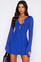 Blue V-Neck Tie-Ups Detail A-Line Mini Dress