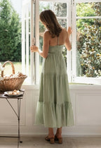 Green Halter Neck Sleeveless Tiered Detail Chiffon Fit and Flare Maxi Dress
