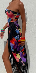 Black Off-Shoulder Floral Print Fringed Fit & Flare Midi Dress