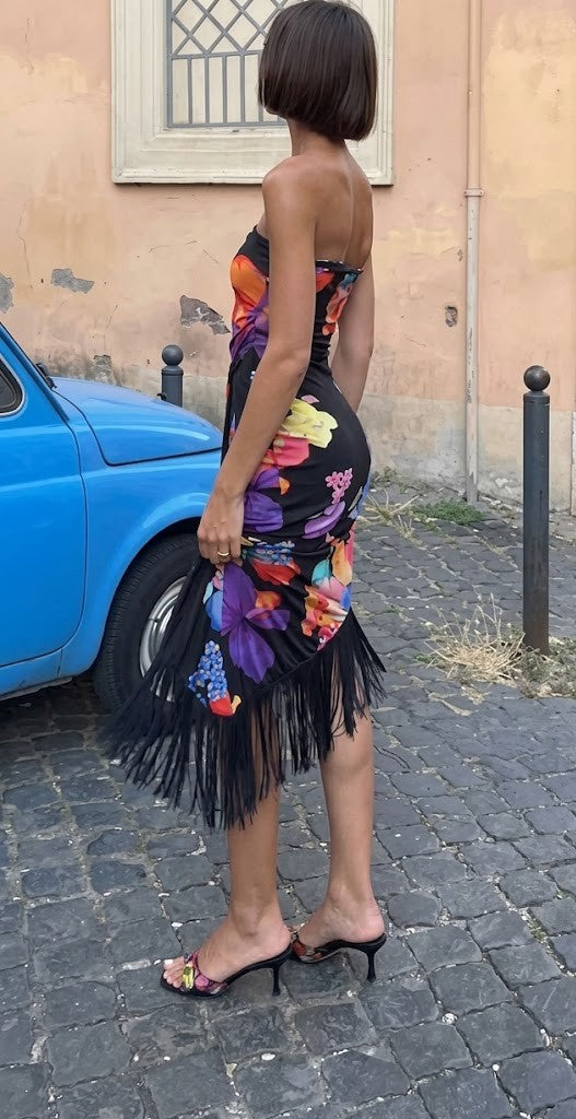 Black Off-Shoulder Floral Print Fringed Fit & Flare Midi Dress