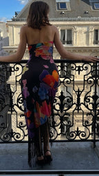 Black Off-Shoulder Floral Print Fringed Fit & Flare Midi Dress