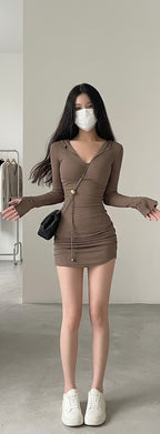 Women Shirt Collar Bodycon Mini Dress