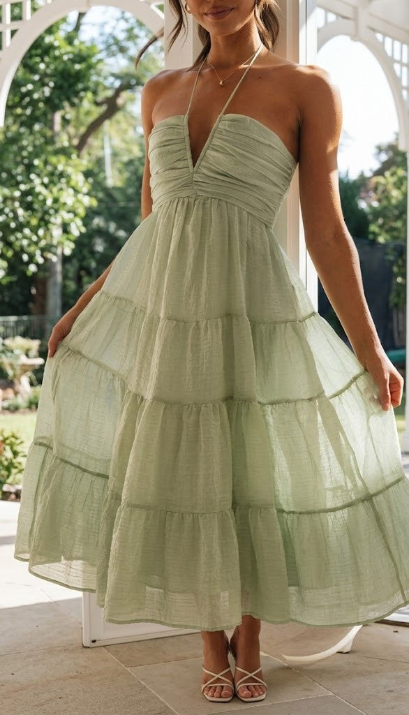 Green Halter Neck A-Line Mini Dress