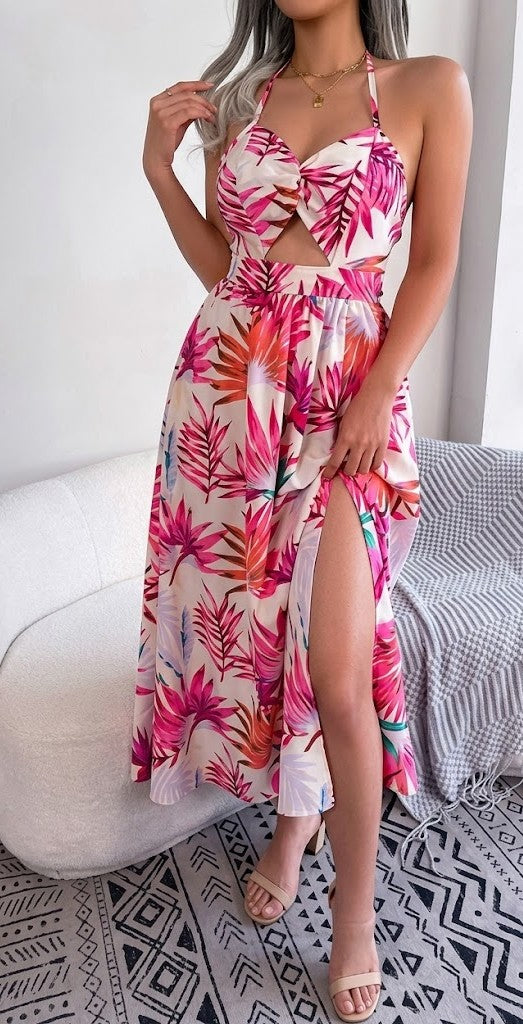 White Tropical Floral Maxi Halter Neck Dress