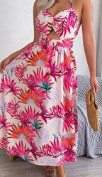 White Tropical Floral Maxi Halter Neck Dress
